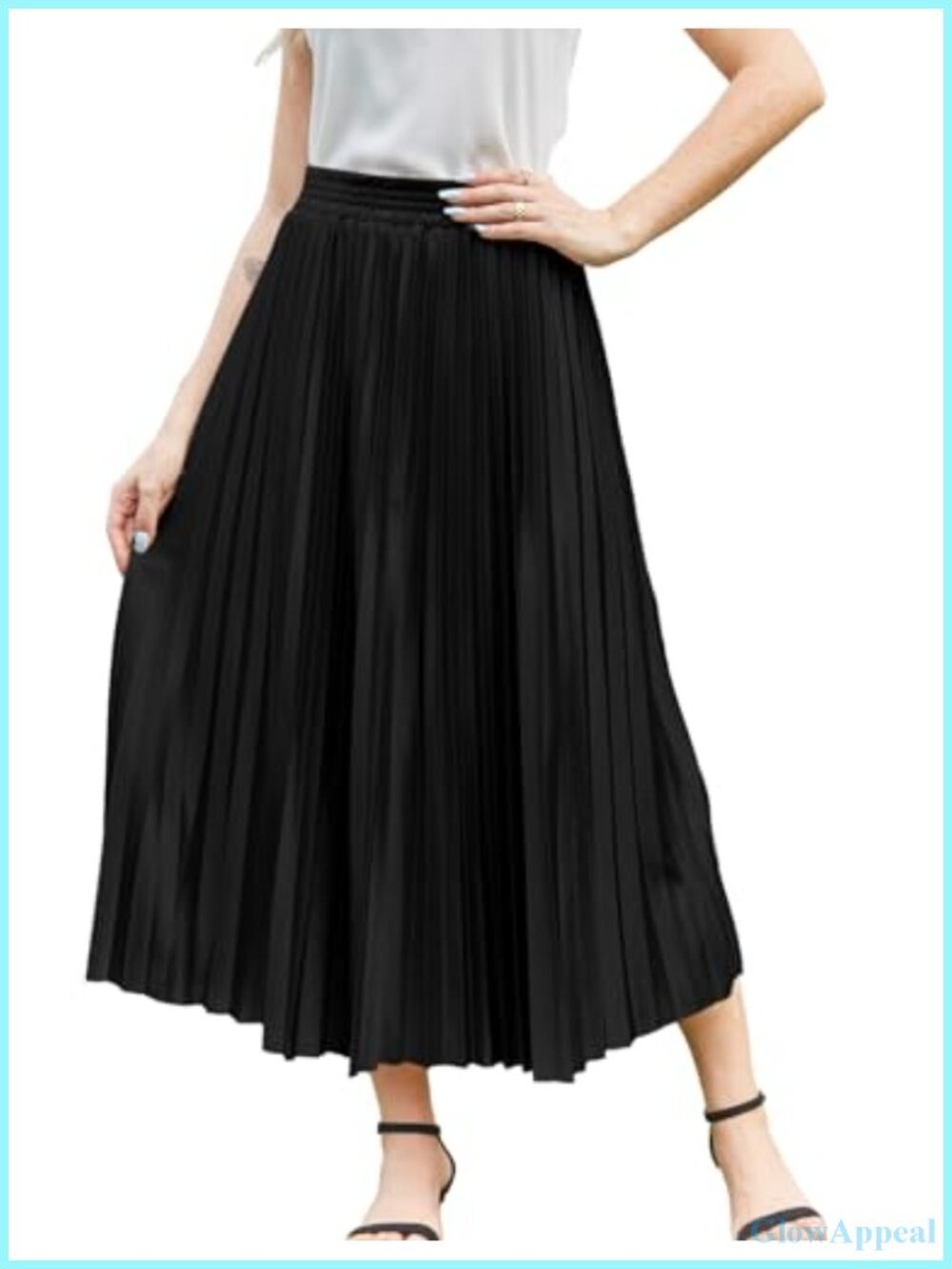 Women's High Waist Pleated Flowy A-Line Midi Skirt Elastic Waist